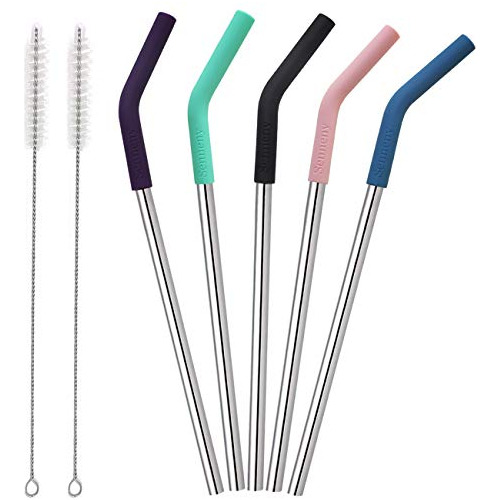 Set Of 5 Stainless Steel Straws With Silicone Flex Tips...