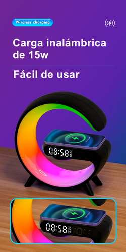 Bluetooth Speaker Con Reloj Y Carga Inalámbrica Color Negro