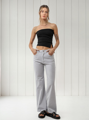 Jean Wide Leg Tiro Alto Rígido Rayado Celeste Y Blanco.