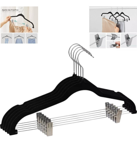 Kit 05 Unidades Cabide Slim Veludo Preto Com 10 Presilhas
