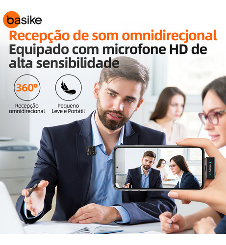 Microfone Sem Fio Basike Mini para iPhone/iPad/Android - 30m Alcance Estável, 10h Bateria com Case de Carregamento Portátil, Clip Prático para YouTube/TikTok/Gravações em Movimento
