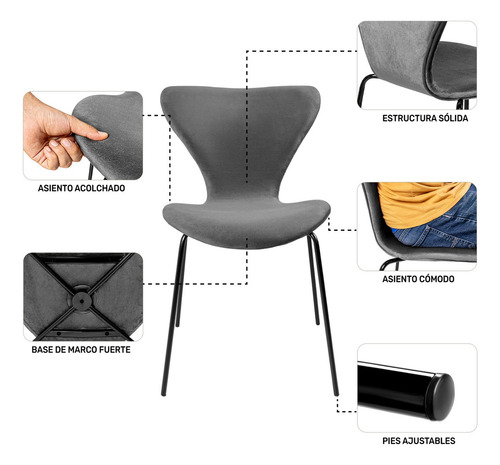 Juego Set 4 Sillas Tapizadas Terciopelo Comedor Minimalista Estructura de la silla Negro Asiento Gris oscuro