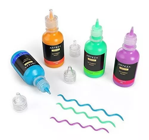 ARTEZA Pintura para tela, 30 colores, pintura 3D permanente, brilla en la  oscuridad, purpurina, neón y tonos metálicos, botellas de 1.0 fl oz, para