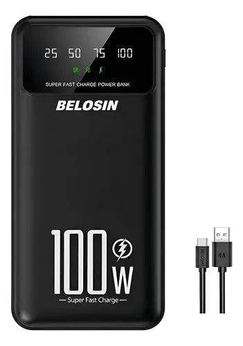 Power Bank Belosin 20000mah,cargador portatil 100w Carga Rapida Para Android Con 4 Salidas Y 2 Entradas 2 Usb-a V8 Tipo C Negro