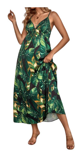 Vestido De Tirantes Con Estampado Tropical Para Mujer. 