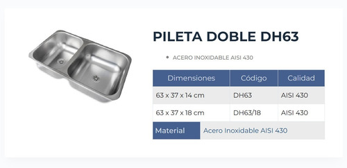 Pileta Bacha Cocina Doble Acero Inox 63 X 37 X 14 Dh63