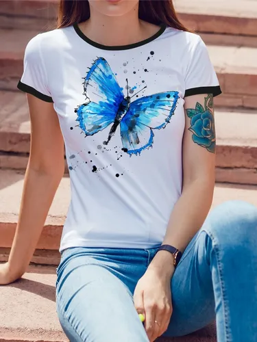Playera Moda Dama Mujer Mariposa Azul Manga Larga Corta