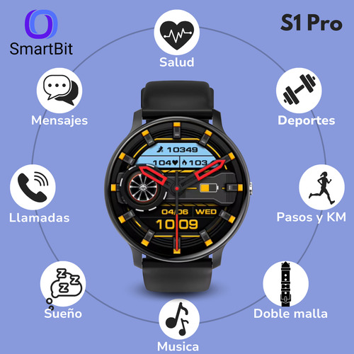 Reloj Smartwatch Hombre Smartbit S1 Pro Negro 1.39 Deportivo Redondo Compatible Con Android E Ios Llamadas Mensajes Elegante