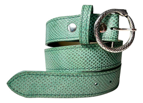 Cinturón Verde. Cuero Serpenteado. Hebilla Plateada Circular Verde Serpenteado 100