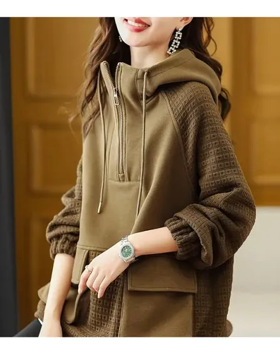 Sudadera Con Capucha Y Cremallera Color Block Para Mujer