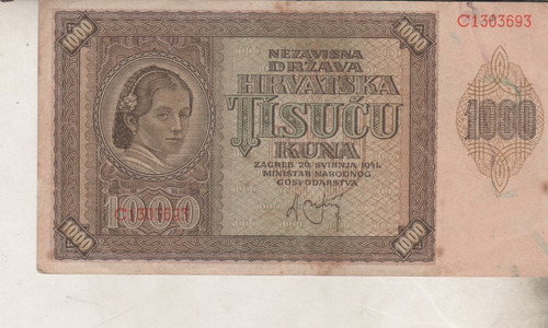 Antiguo Billete De * Croacia * 1000 Kuna - Año 1941