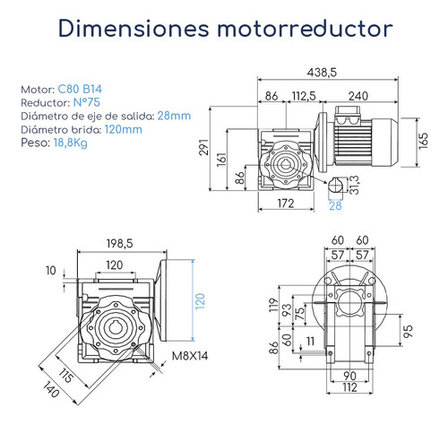 Motorreductor Monofásico 220v 1hp Caja 75 1:80 19rpm