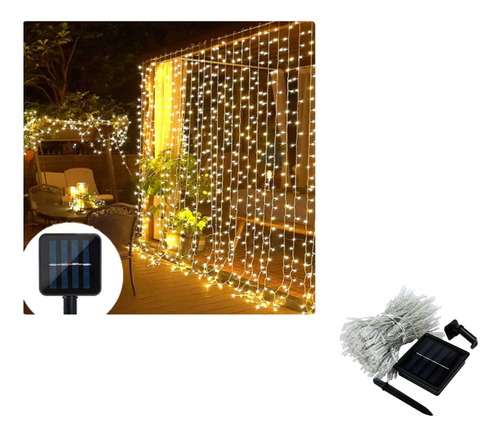 Luces Cortina Led 3m X 3m Con Panel Solar Navideño Jardin