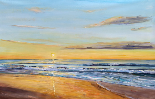 Cuadros Playas Atardecer Mar Sol Pintado A Mano 70x120cm