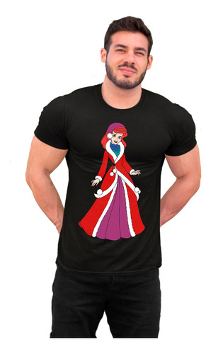 Playera Unisex Negra Navideña De Ariel Con Vestido 