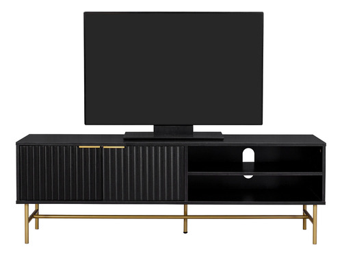 Mueble Rack De Tv Acanalado Top Living Relan Queens Centro de Entretenimiento Con Puertas Color Negro y Dorado