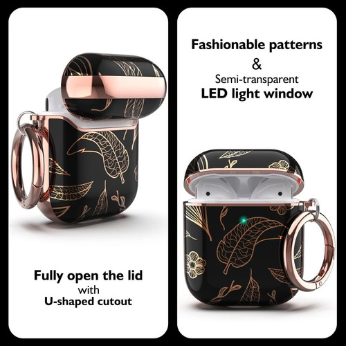 Funda Para AirPods 1 Y 2 Diseño Hojas Color Negro Con Clip