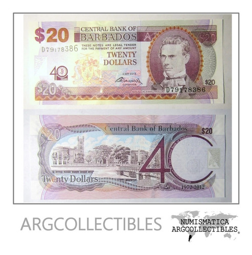 Barbados Billete 20 Dolares 2012 Pick 72 Unc Sin Circular 