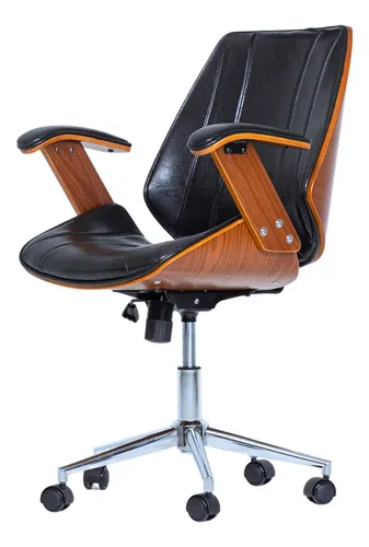 comprar Cadeira De Escritório Diretor Cor Preto Ergonômica Executiva Giratória Acabamento em Couro Sintético e Madeira Premium Fratini Kopenhagen