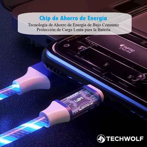 Cable De Carga 3 En 1 Con Luz Fluida Cable Usb-a A Tipo C/micro/ios Color Azul, Techwolf Cable Usb C Teléfono Móvil Con Luz Led 1.2m