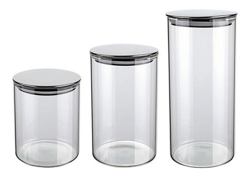 3 Potes De Vidro Slim Com Tampa Inox Porta Mantimentos Euro 