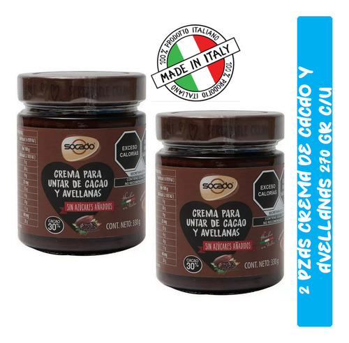 Crema Untable Cacao Y Avellanas Sin Azucar 2pzas Italiana