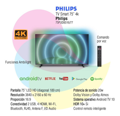 Imagen 2 de 9 de Smart Tv Philips 75 Pulgadas 4k Ultrahd Android 75pud8516