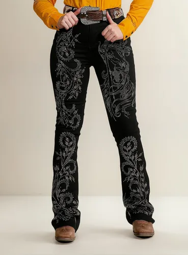 Calça Jeans Country Feminina Bordada Strass Preta Bill Way