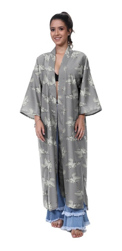Kimono Haori Casaco Longo Oni Cisne Floral Japão Onda Mar