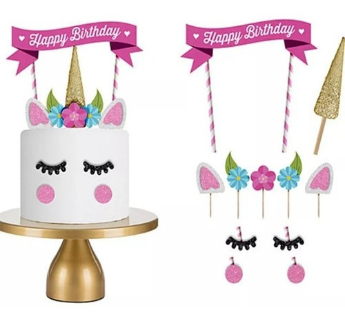 Kit Toppers Para Cake Tortas Unicornio Feliz Cumpleaños