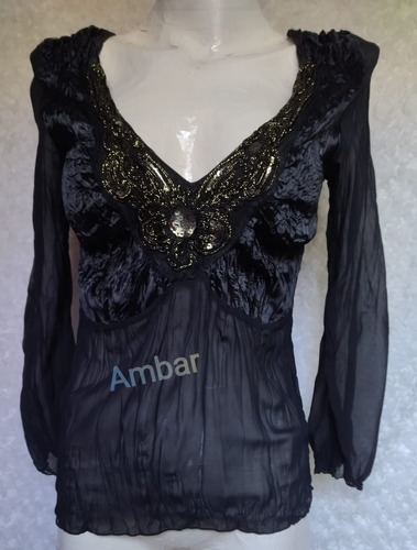 Blusa Gasa Arrugada Negra Bordados En Canutillo Y Lentejuela