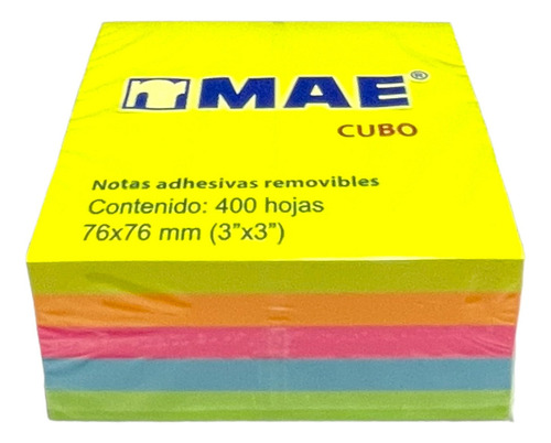 Cubo Notas Adhesivas 7.6x7.6cm Mae Neon Mix 3x3in 400 Hojas