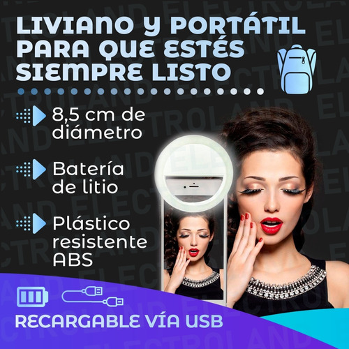 Imagen 5 de 10 de Combo Aro Sefie Para Celular + Espejo Táctil Luz Led Usb