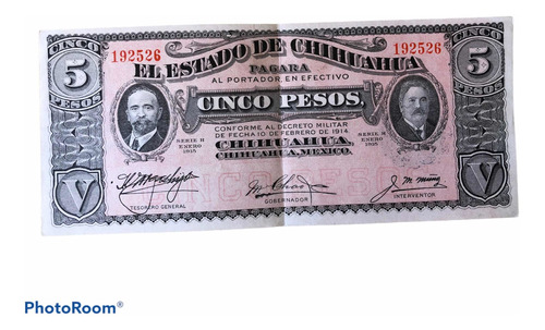 Billete Antiguo Revolucionario, 5 Pesos Chihuahua 192526