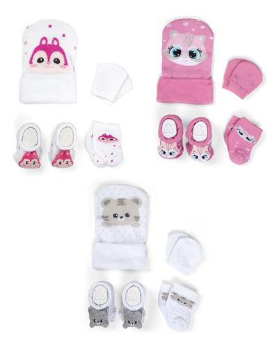 3 Kits Para Bebe Menina Enxoval Touca Luva Meia E Pantufa