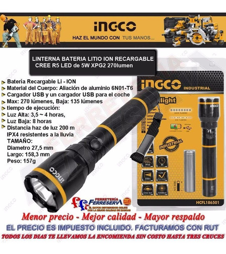 Linterna Cree Led 5w 16cm Ingco Bateria Litio Recargable