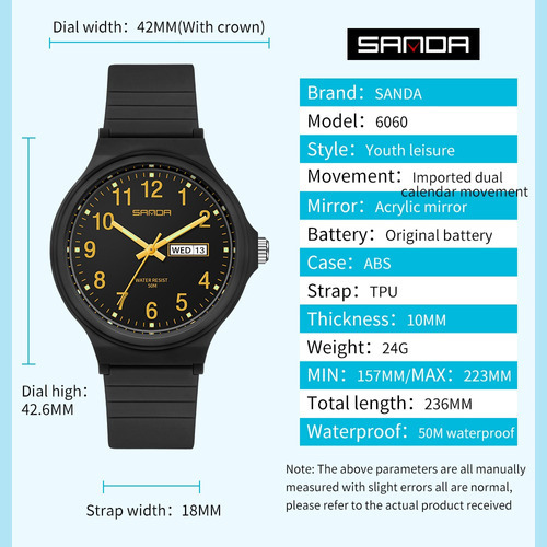 Reloj Sanda 6060, Simple Reloj Resistente Al Agua Calendario Color Del Bisel Black Gold