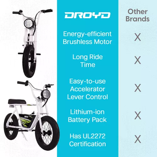  Droyd Blipper - Mini bicicleta eléctrica para niños de 13 años  en adelante, mini bicicleta de 250 W con 12.5 MPH hasta 12.5 millas, bicicleta  eléctrica para niños de hasta 60