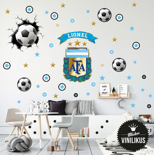 Vinilo Pared Rota Pelota +escudo Argentina Campeon X X L