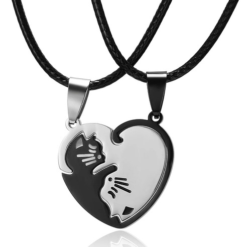 Collar Parejas Novios Acero Corazón Yin Yang Gato Amistad
