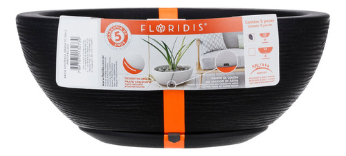 Maceta Floridis Plástico Bowl Premium 30x13 Cm Simil Piedra + Plato Color Negro