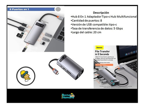 Imagen 2 de 9 de Hub 8 En 1 Adaptador Tipo-c Hub Multifuncional Baseus Matade