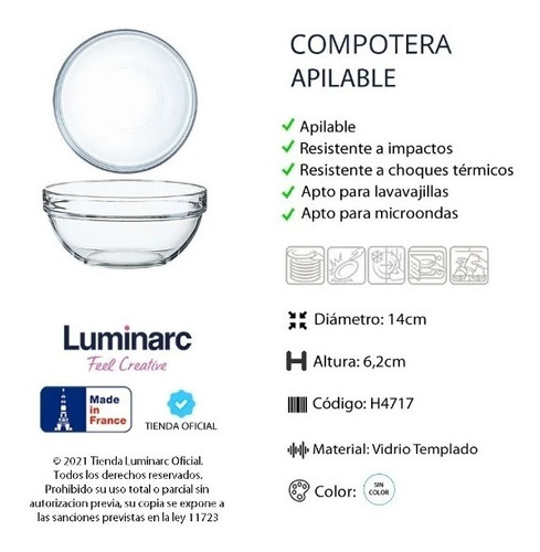 Ensaladera 14 Cm Vidrio Apilable Luminarc Oferta Bazar