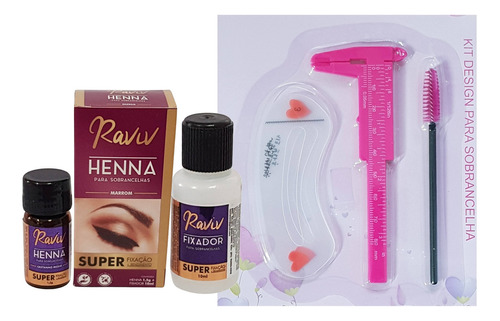 Kit Design Sobrancelha Henna Raviv Paquimetro 3 Moldes Escov Cor Marrom