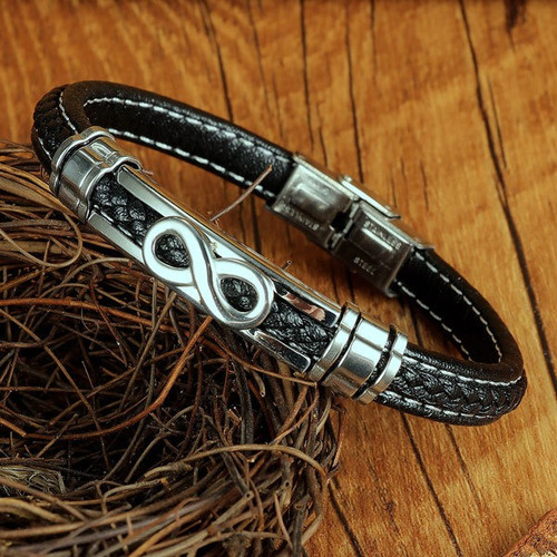Imagen 4 de 4 de Brazalete Cuero Infinito, Acero, El Regalo Ideal Para Papá