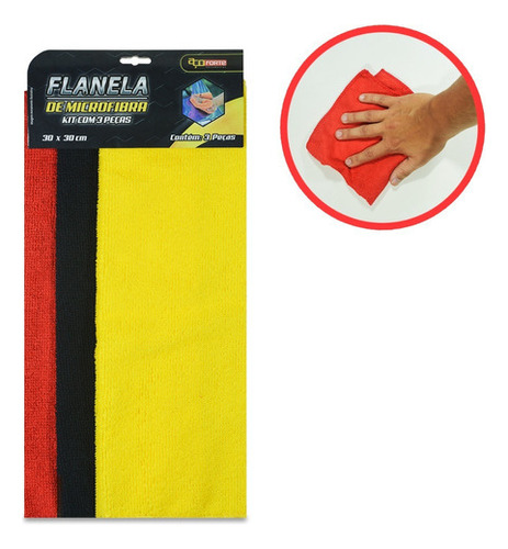 Kit 3 Panos Microfibra Polimento Carro Automotivo Limpar Cor Preto/Amarelo/Vermelho