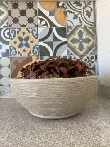 Imagen 5 de 7 de Maceta Floridis Plástico Bowl Premium 30x13 Cm Simil Piedra + Plato Color Beige