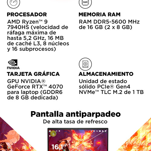 Laptop Gaming OMEN 16-xf0000la Negro AMD Ryzen 9 16 GB RAM GPU NVIDIA GeForce RTX 4070 1 TB SSD 16.1" FHD - Excelente (Reacondicionado)