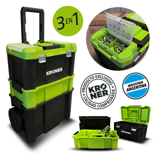 Carro Porta Herramientas Caja 3 Cuerpos Profesional Kroner Color Verde lima