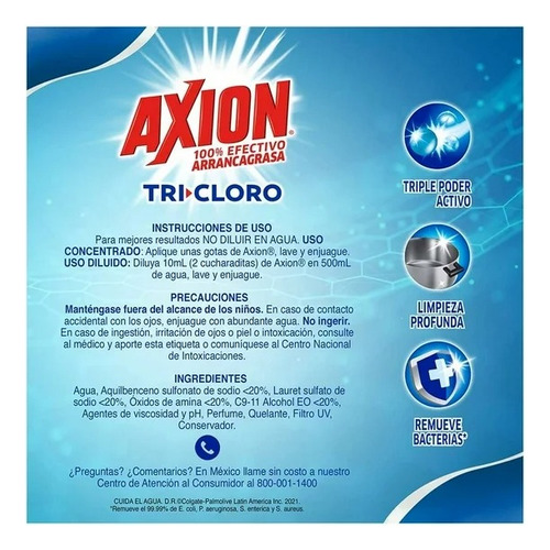 Lavatrastes Líquido Axion Tricloro Con Triple Poder Activo